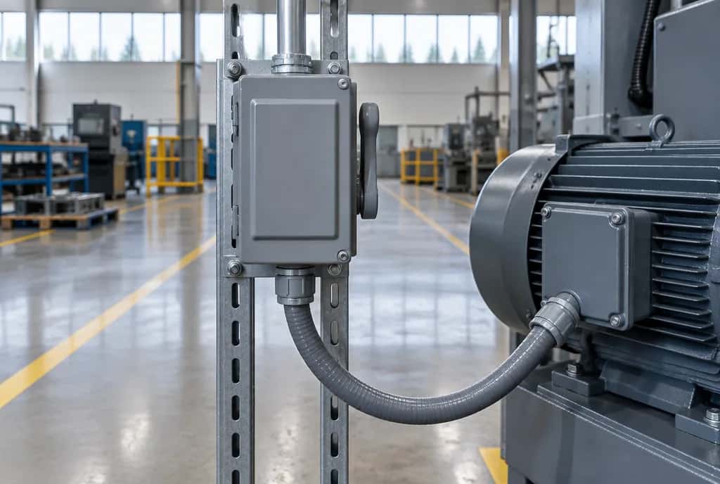 Fused disconnect switch on a strut stand with flexible conduit to a machine motor on a factory floor