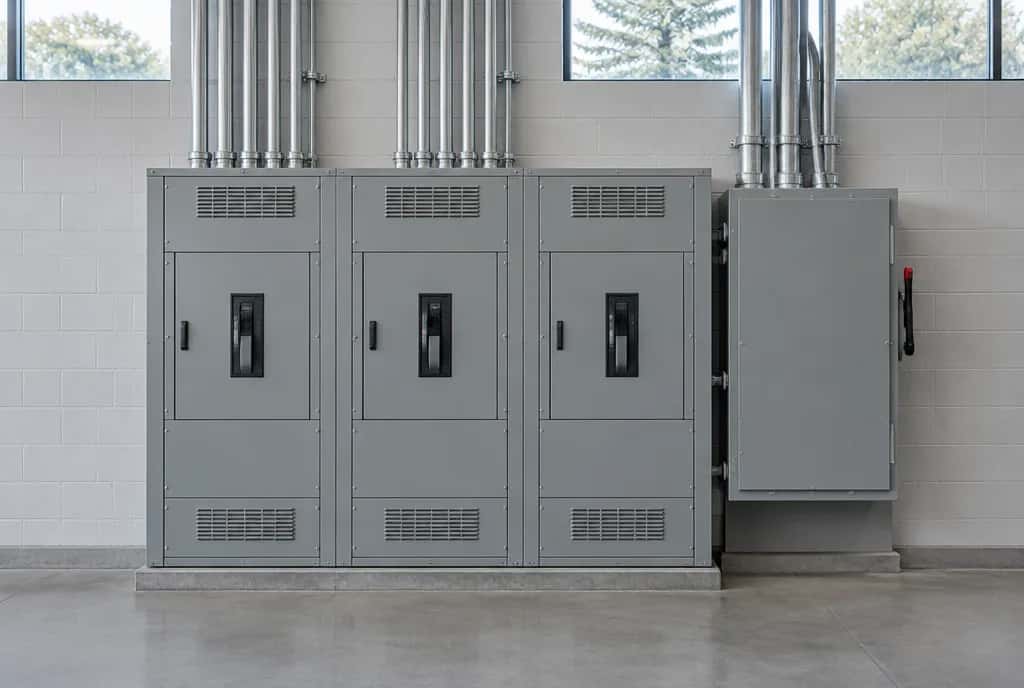 Three-phase switchgear and a fused service disconnect fed by overhead conduit in an industrial building