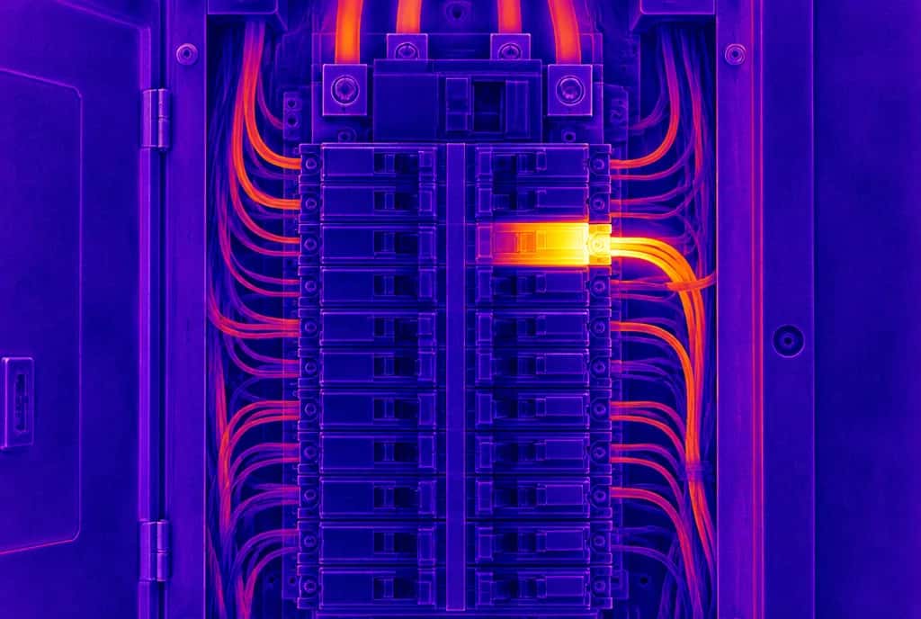 Thermal camera view of a commercial breaker panel with one breaker showing as a hot spot