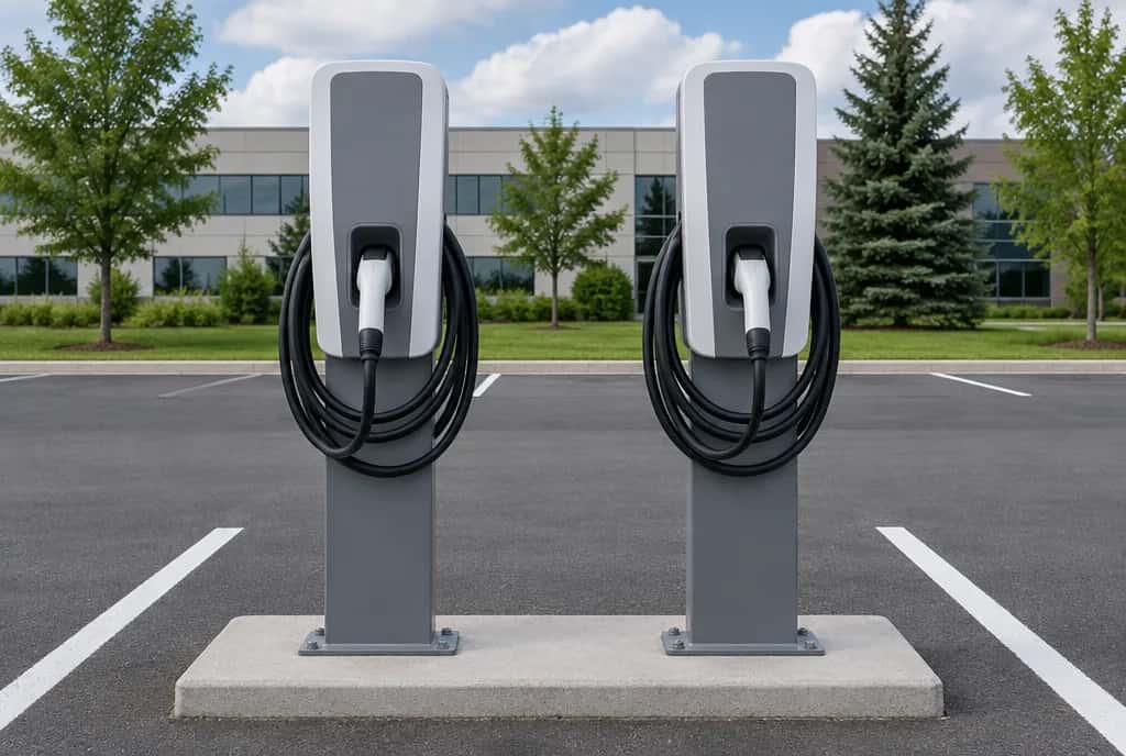 Two pedestal EV charging stations at the edge of an empty business parking lot