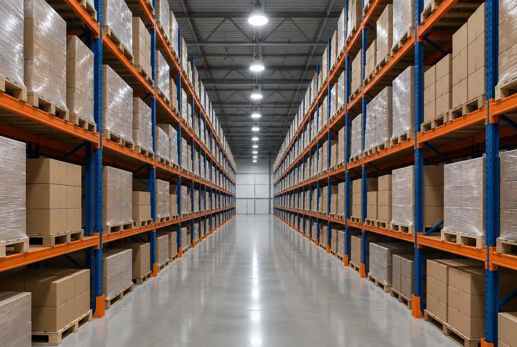 Warehouse aisle lit by LED high-bay fixtures with pallet racking on both sides