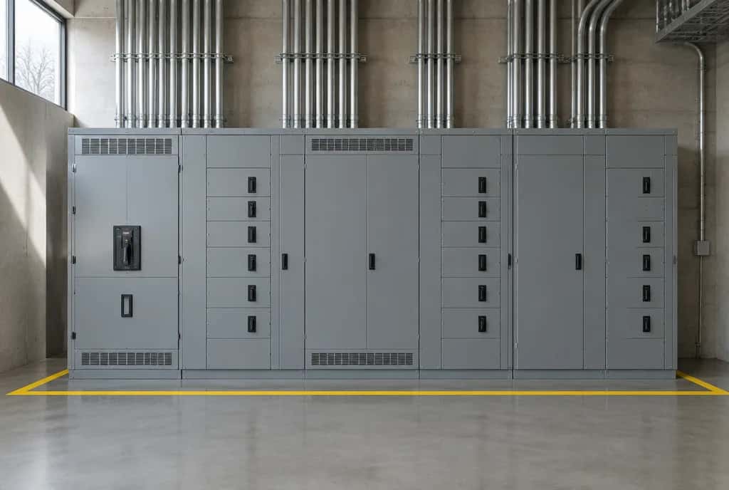 Grey commercial switchgear and distribution panels with overhead conduit runs in an electrical room