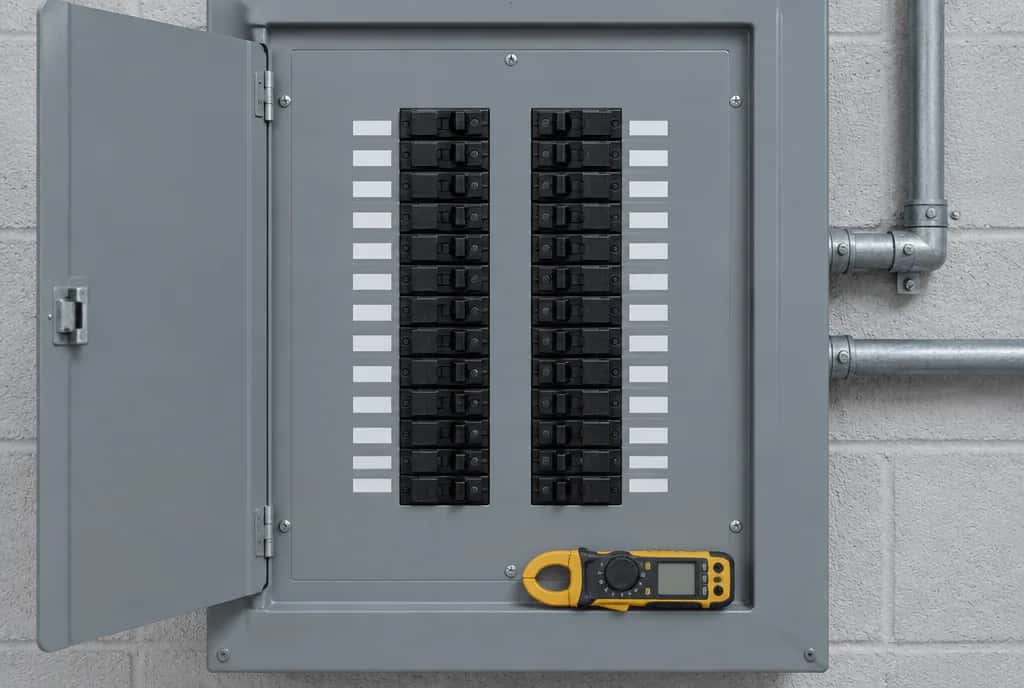 Open commercial panelboard with two rows of circuit breakers and a clamp meter resting on the enclosure