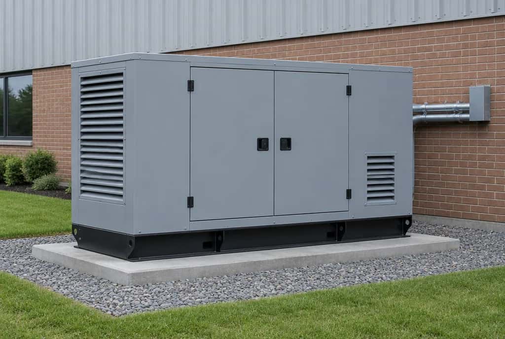 Commercial standby generator in a weatherproof enclosure on a concrete pad beside a low building